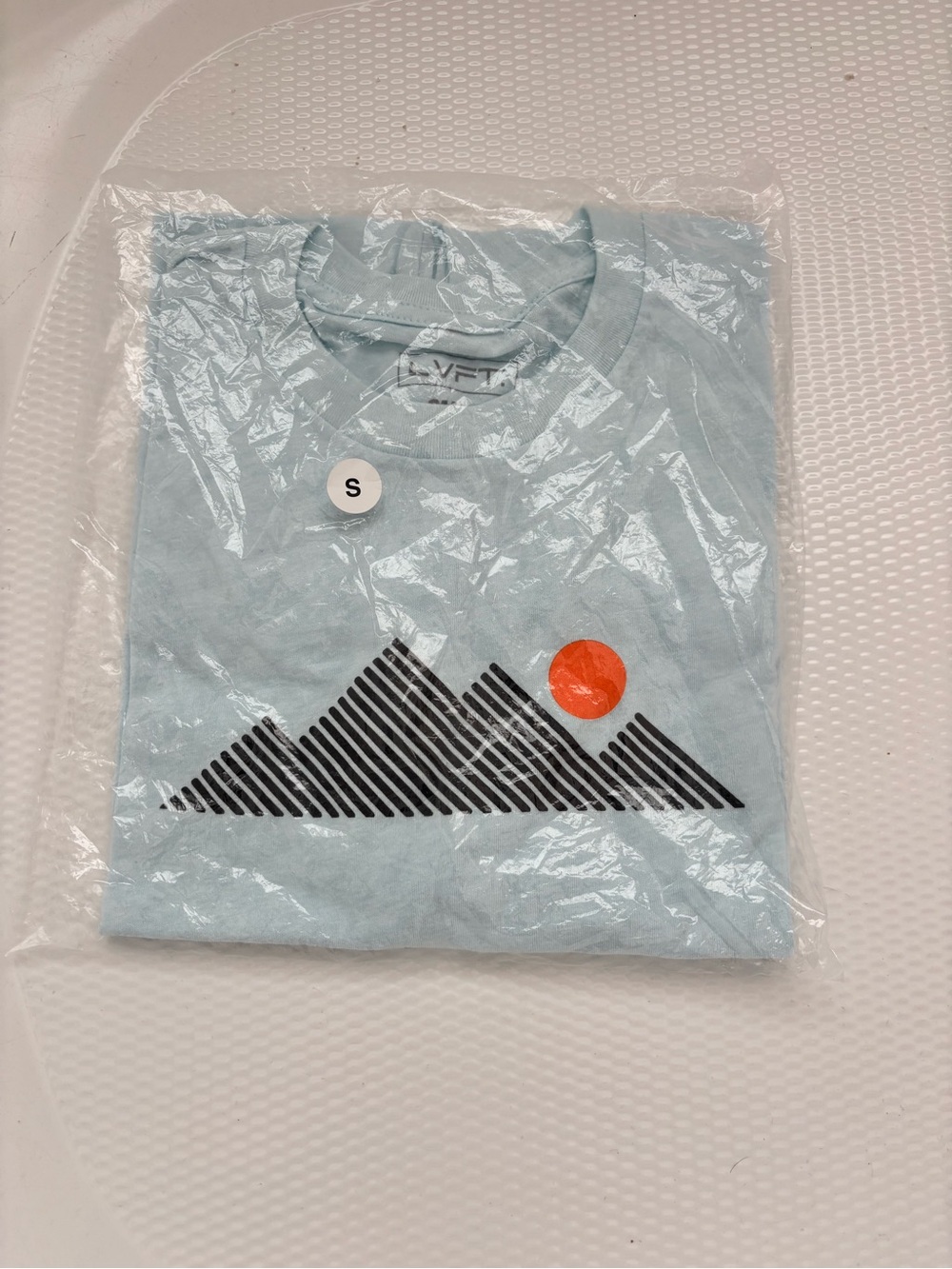 Light Blue Graphic Mountain Tee with Orange Sun -